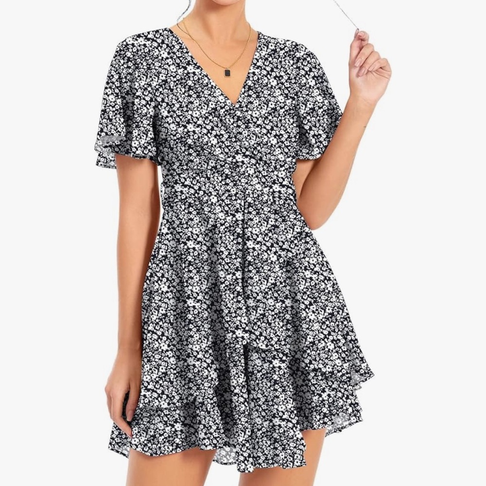 Women's V Neck Short Sleeve Waist Tie Ruffle Mini Swing Skater Dress